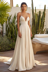Champagner Plissee Spaghettiträger Langes Hochzeitsgastkleid
